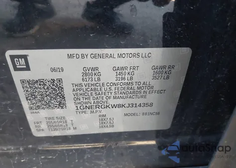 2019 Chevrolet Traverse 1Lt из США, поврежденный, VIN 1GNERGKW8KJ314358